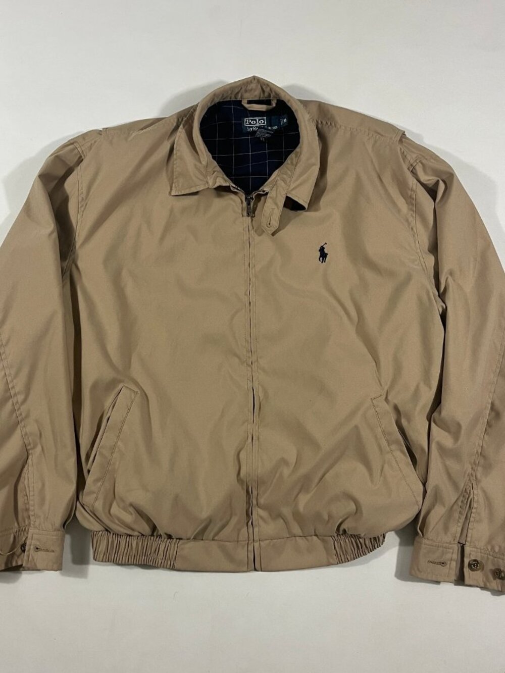 Vintage Polo Ralph Lauren Khaki Tan Plaid-Lined Harrington Jacket M